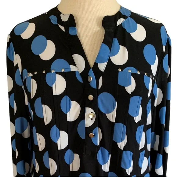 COCOMO Large Black blue white 3/4 sleeve studded women's Pintuck Blouse shirt - Picture 5 of 16